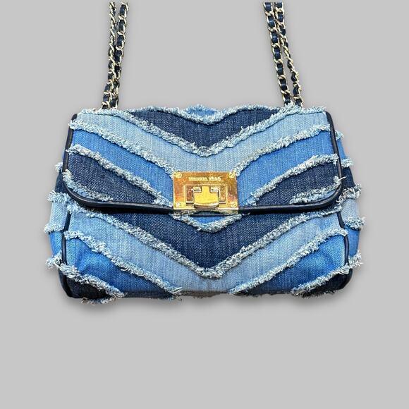 Michael Kors Denim Chevron Shoulder Bag with Gold Chain Strap - Picture 3 of 5